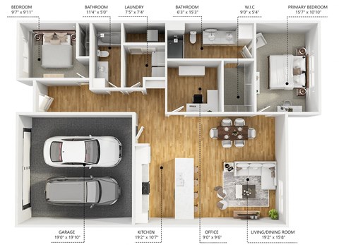 Floor plan for 2 beds, 2 baths, 1330 sqft